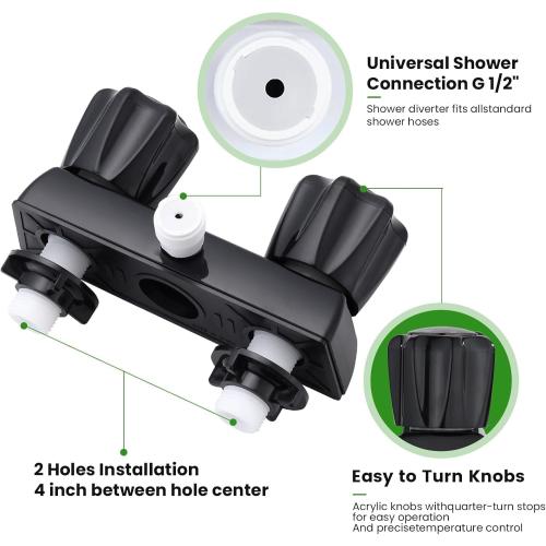 RV Shower Faucet Dual-Handle Camper Shower Faucet Replacement 4 RV Shower Valve Diverter for Camper Van Outside and Inside Bathroom Shower with Acrylic Knob (Black Faucet)