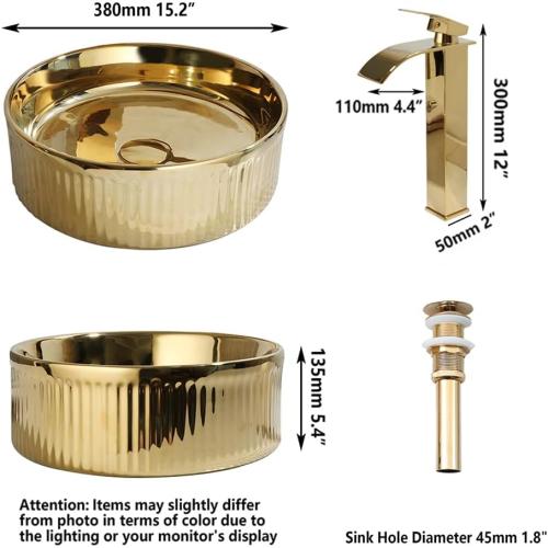 Bathroom Vessel Sink 15 Inch Gold Ceramic Vessel Sink with Waterfall Faucet and Pop-Up Drain Combo,Above Counter Round Bathroom Sink Bowl,Sink for Bathroom