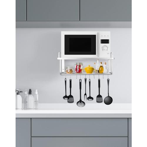 QWORK Microwave Oven Rack Shelf, Wall Mount Electric Oven Holders, Aluminum Double-Layer Microwave & Spice Rack, 2 Shelves with 10 Hooks, Support Load 88lbs, 21.65x15x9.84