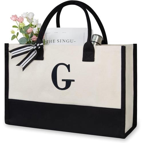 TOPDesign Personalized Initial Canvas Beach Bag, Monogrammed Gift Tote Bag for Women
