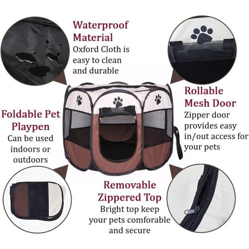 Foldable Pet Playpen, Portable Octagon Puppy Playpen Indoor/Outdoor, Exercise Kennel Dog/Cat/Rabbit Tent   Free Carrying Case   Travel Bowl (Blue Black, L)