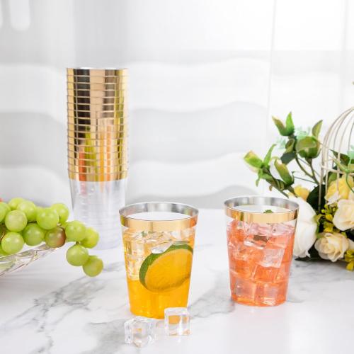 I00000 100PCS Gold Plastic Cups,10 oz Clear Plastic Cups with Gold Trim, Beer Mugs，Disposable Hard Cup For Party, Premium Cup Perfect for Wedding & Party