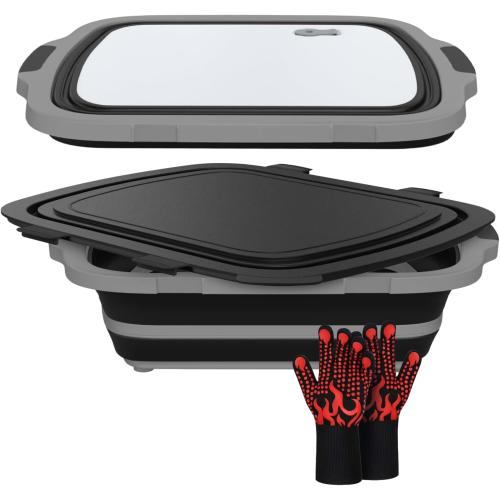 XL Collapsible BBQ Prep Tub with Cutting Board & Drain Plug – Portable Food Prep Station for Kitchen, Camping & Grill – Dishwasher Safe, Space-Saving Design – Heat-Resistant Glove Included (Black)