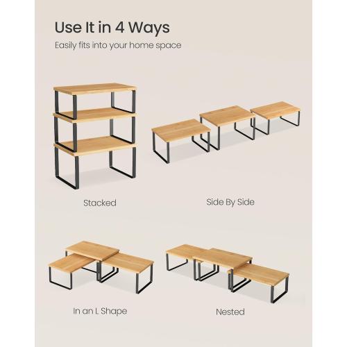 SONGMICS Cabinet Organizer Shelf, Set of 3 Kitchen Counter Shelves, Kitchen Storage, Spice Rack, Stackable, Expandable, Ink Black and Natural Beige UKCS014YL03