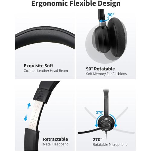 BLACK USB Headset with Microphone for PC, Wired Headphones with Noise Cancelling Mic, Computer Headset with in-line Controls, 3.5mm & USB Plug for Zoom, Skype, Call Center, Office Use, Black