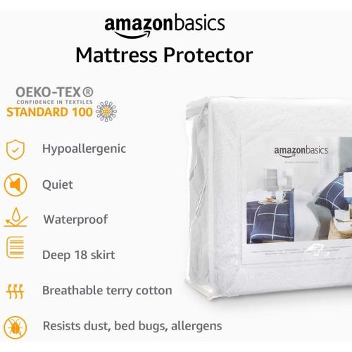 Amazon Basics Waterproof Breathable Mattress Protector, King Size, 18 inch Deep, Machine Washable, White
