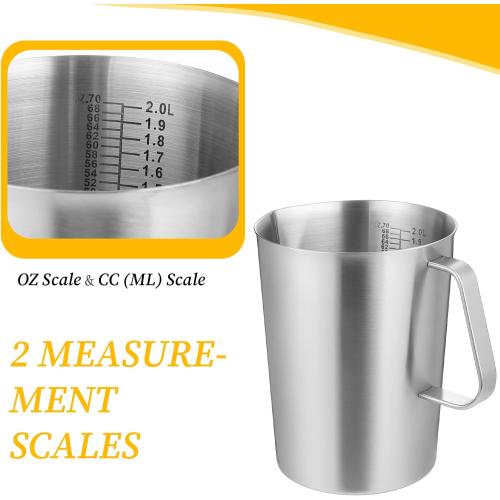 Stainless Steel Measuring Cup with Handle and Pour Lip, 2000ml 70OZ Metal Pitcher with Oz And ML Marking, Heavy-Duty Milk Frothing Jug for Coffee Latte Art, Commercial and Home Kitchen