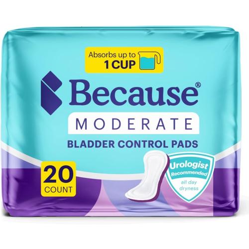 Because Premium Incontinence Pads for Women - Discreet, Individually Wrapped Liners - Moderate Absorbency, Ergonomic Design for Comfort, Leak Protection - 20 Count (set of 6)