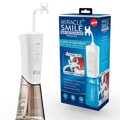 Ontel Miracle Smile Water Flosser for Teeth&Gum Health, Unique H-Shaped Flossing Head&4 Water Jets, Cordless Water Flosser Features 360° Cleaning&3 Pressure Modes, USB Rechargeable Dental Floss, White