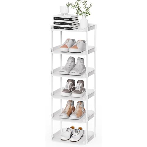 6 Tier Narrow Shoe Storage Rack, Compact Single Shoerack Stand for Slim Space, Stackable Tall Thin Show Tower, Solid Plastic Shelves, for Hallways, Kitchens, Bedrooms Tidy Organizer, White