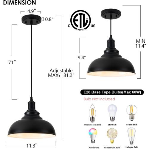 2 Pack Farmhouse Pendant Light Black Pendant Lights Kitchen Island Industrial Adjustable Hanging Barn Lamp Pendant Lighting Over Island Sink Light Fixtures