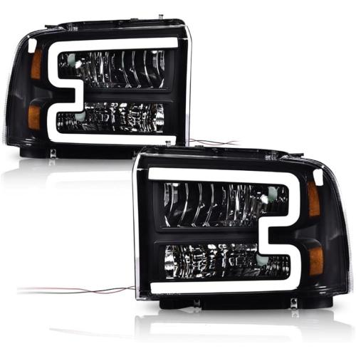 PIT66 LED Headlight Assembly Compatible with 2005-2007 Ford F250 F350 F450 F550 Super Duty /2005 Excursion (Not Fit Sealed Beam Headlight model) Headlamp Clear Lens Black Housing Amber Reflector