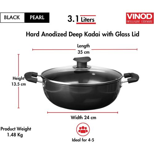 Vinod Black Pearl Hard Anodized Deep Kadhai with Glass Lid – Black - 3.1 Liters (3.2 Quarts) – 24cm – Riveted Handles - Multi-Use Pot/ Wok - Suitable For Indian Cooking, Sauces, Pasta, Stews, Soups‼️missing glass lid‼️