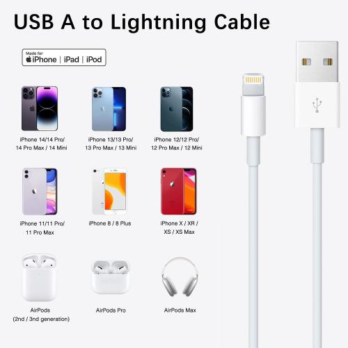 6ft USB A to Lightning Cable for iPhone 14, Carplay Cable Compatible for iPhone 14 pro max,13 Plus,SE 2nd/12/11/Xs/XR, Fast Charging Power Cord for AirPods 4, AirPods Pro (2nd/3rd gen) Charger cable