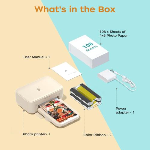 HPRT 4x6 Photo Printer with 108 Sheets & 2 Ribbons - Dye Sublimation Wireless Portable Photo Printer for iPhone & Android Smartphones, Home & Travel Picture Printing, Ideal Gift, Beige
