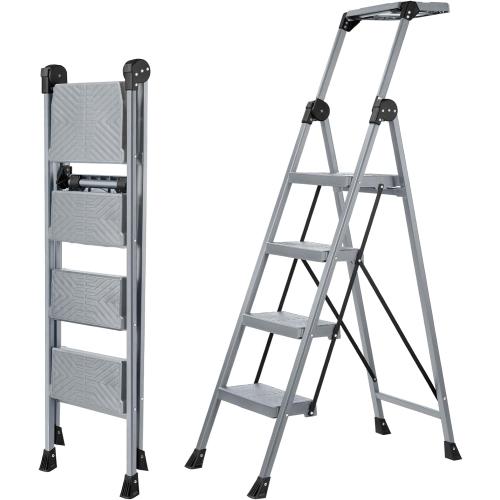 XinSunho 4 Step Ladder, Foldable Step Stool Ladder with Handrails & Tray, 660 lbs Heavy Duty Wide Pedals, Sturdy Steel Folding Ladder for Kitchen, Home, and Household Use(Silver, 4 Step)