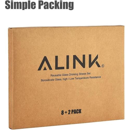 ALINK Short Glass Straws, 6 in x 10 mm Clear Straws for Cocktails, Whiskey, Coffee, Pack of 8 with Cleaning Brush