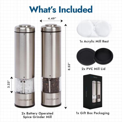 Electric Salt & Pepper Grinder Set – Battery Operated Stainless-Steel Mills & Shakers with Light, Adjustable Ceramic Grinders & Acrylic Rest Tray