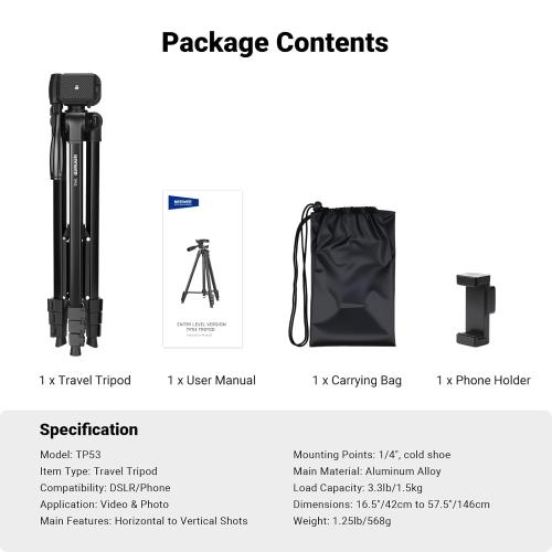 NEEWER Entry Level Version Tripod for Cell Phone & Camera, Metal Lightweight Portable Travel Stand with Cold Shoe Cellphone Holder Mount Compatible with iPhone for Video Recording Filming, TP53