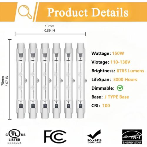R7S Halogen Light Bulbs 120V 150W,6 Pack J78mm T3 J Type Halogen Bulbs, 3 Inch Long Double Ended Light Bulb for Work, Security,Landscape Lights, Dimmable