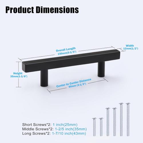 KNOBWELL 10 Pack 3-1/2 Black Kitchen Cabinet Pulls Square, 90mm Hole Center Stainless Steel Black Dresser Drawer Pulls 5-3/5 Overall Length