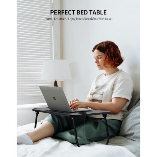 Laptop Bed Desk, Foldable Lap Desk, Portable Lap Table, Laptop Stand with Cup Holder & Tablet Slot & Lifting Handle for Working Writing Drawing & Eating - Black