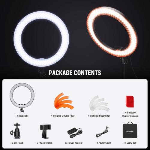 NEEWER 18 Ring Light, 58W 5500lx 5600K Dimmable CRI95 240 LEDs, Lighting with Cold Shoe Bi Color Filters Carry Bag Phone Holder for iPhone Selfie Makeup Studio Photography Video Recording, RL-18