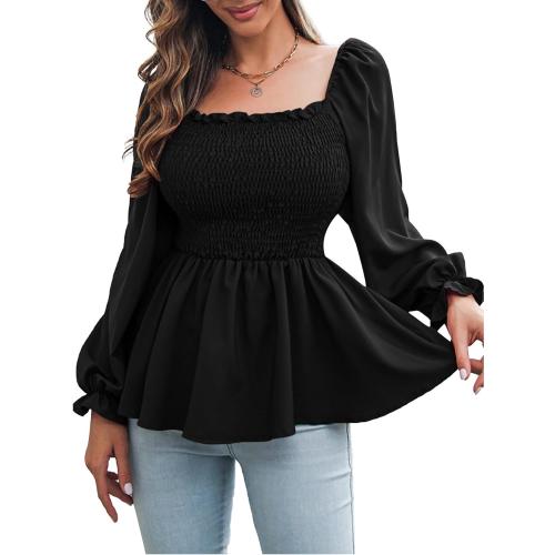 Size XL Vrtige Women's Square Neck Shirred Ruffle Hem Long Sleeve Blouse Shirt Peplum Top