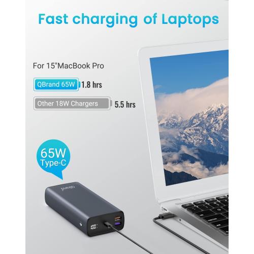 QBrand Portable Laptop Charger, 65W Laptop Power Bank 30000mAh QC 3.0 Portable Charger Power Bank Fast Charging, Dual USB C Battery Pack for MacBook, IPad, Dell, HP, Lenovo, iPhone, Samsung, Switch