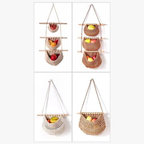 Hanging Fruit Basket, 1 Tier/3 Tier Boho Handmade Woven Wall Hanging Fruit Basket Vegetable Storage Baskets for Kitchen Home Wall Decor