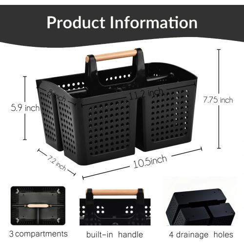 BLACK Portable Shower Caddy Basket with Compartments, Plastic Divided Cleaning Caddy Organizer Storage Tote with Handle for Bathroom, College, Dorm Room Essentials, Black