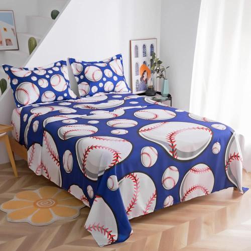 ADASMILE A & S Baseball Sheets Medium for Boys Kids Sports Sheet for Teens Baseball Bedding Set 3D Blue Ball Game Printed Bed Sheet with Pillowcase Soft Microfiber All Season Room Decor