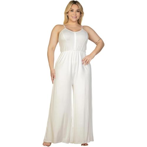 Women's Plus Size White Button Front Wide Leg Jumpsuit