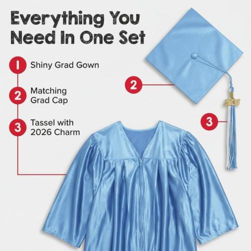 Shiny Child Graduation Cap, Gown, Tassel and 2026 Charm Set, Kindergarten Graduation and Kids Preschool