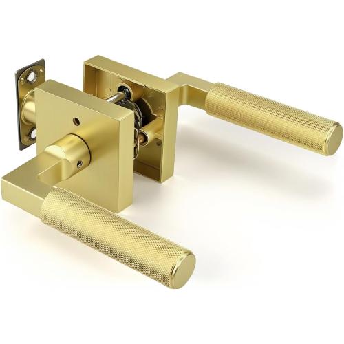 KNOBWELL 1 Pack Gold Door Handle Square Doorknob with Lever Interior Door Lever for Bed and Bath (Push Button)