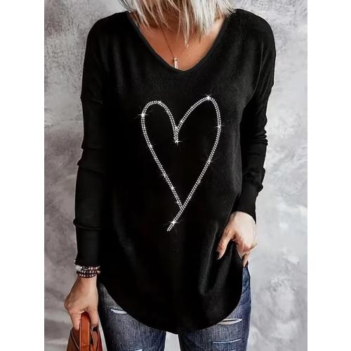 Size Medium Color Black VKEGNIO Rhinestone Heart V Neck Shirts Womens Funny Heart Printed Pattern Pullover Casual Loose Long Sleeve Tunic Shirt Tops
