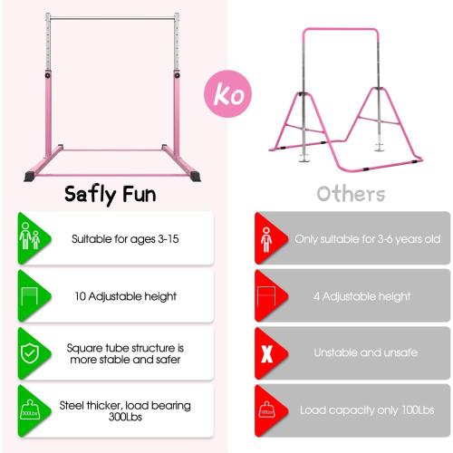 Safly Fun Gymnastics Bar for Kids | Sturdy Steel Home Gym, Adjustable Height (3 to 5 ft) with Anti-Slip Base, Easy Assembly