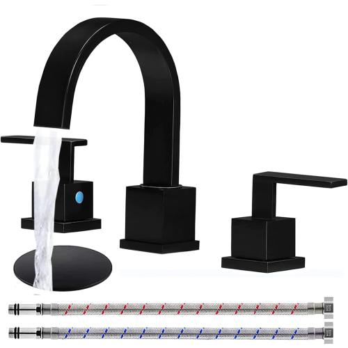 KINGO HOME Matte Black Bathroom Faucet, Black Faucet Bathroom 3 Hole 8inch Widespread Waterfall 2 Handle Black Faucets Bathroom Sink Vanity Faucet with Pop Up Drain and Supply Lines