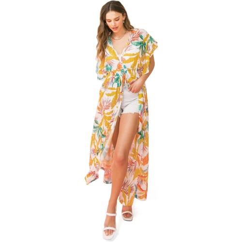 SIZE MEDIUM Bohemian Woven Floral Open Cardigan - Kimono Half Sleeves Lightweight Midi Outer 10045_Ivory