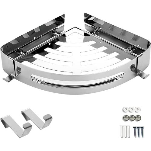 Wall-Mounted Corner Shelf, Single Pack, Bathroom Tray Organizer with 2 Hooks, Ideal for Bedroom, Living Room, Bathroom, and Kitchen (Silver)