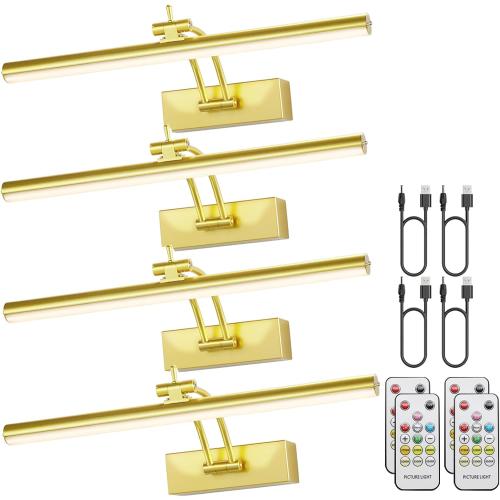 4 Pack Picture Light Battery Operated for Wall, 16 Wireless Art Lighting for Painting, 6 Colors Picture Frame Lights with Remote, Dimmable 5200mAh Gallery Light, Gold