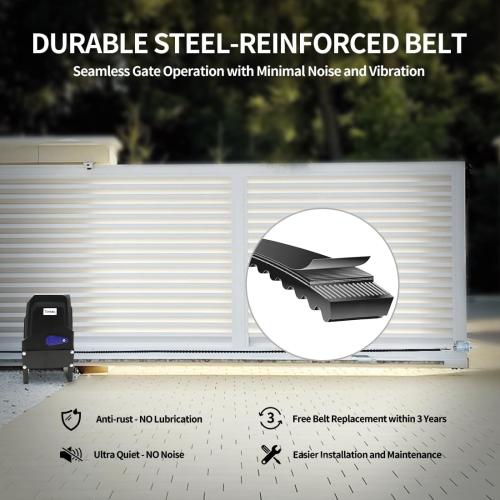 TOPENS BK800 Automatic Sliding Gate Opener Strong Belt Silent Drive Electric Gate Motor for Heavy Driveway Slide Gate Up to 1800 Pounds, Gate Operator AC Powered with 40ft Belt and Remote Control