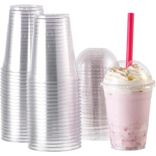 [100 Sets-16 oz.] Plastic Cups With Dome Straw Slot Lids PET Crystal Clear Disposable Togo Cup BPA Free For Party Ice Cold Drinks Coffee Tea Parfait Dessert Smoothie Bubble Boba Fruit Milkshake Slush
