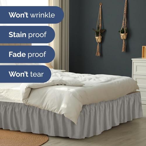 Wrap Around Dust Ruffle Bed Skirt - Light Grey - for Queen Size Beds w/ 16 Inch Drop - Easy Fit Elastic Strap - Adjustable Pleated Bedskirt with Brushed Fabric, Wrinkle Free Women, Men, Kids and Teens