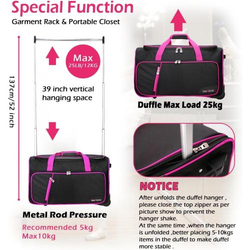 Dance Bag With Garment Rack,23inch Dance Competition Garment Bags with Clothes rack,Suitcase,Rolling duffle For Travel, Wheeled Drop-Bottom Upright Luggage Closet Suitcase (Pink