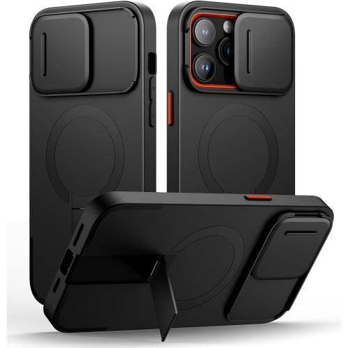 SURITCH for iPhone 14 Pro Max Case with Magnetic Camera Slide Cover and Adjustable Kickstand, Compatible with MagSafe, Shockproof Bumper Case Slim Protective Cover 6.7 Inch, Black