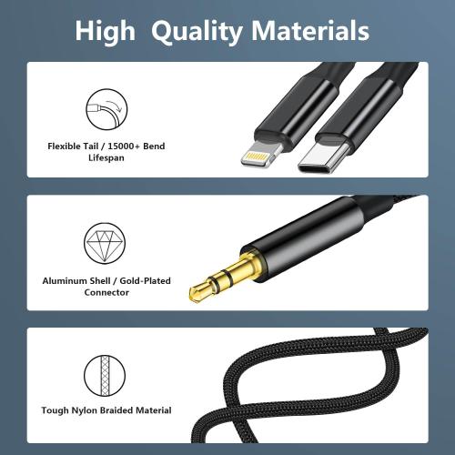 Aux Audio Cable for iPhone, 2 in 1 USB C to 3.5mm Aux Audio Lightning to 3.5mm Audio Cable Fit with iPhone 16 15 Plus/14/13/12/11/XR, Galaxy S24/S23/S22, Pixel 8/7/6/5, iPad to Car Stereo Speaker 4FT
