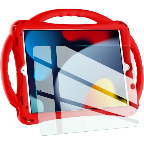 TopEsct Kids Case for iPad 10.2 inch - Shockproof Silicone Cover with Tempered Glass Screen Protector and Strap - Compatible with iPad 9th/8th/7th Gen (2021)(Red)