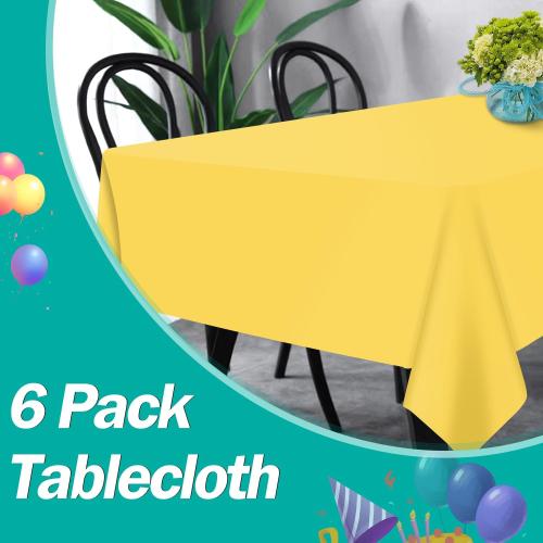 tujol Yellow 6 Pack Plastic Table Cloth 54 x 108, Disposable Tablecloths Rectangle Table Cover, Plastic Tablecloths for Parties