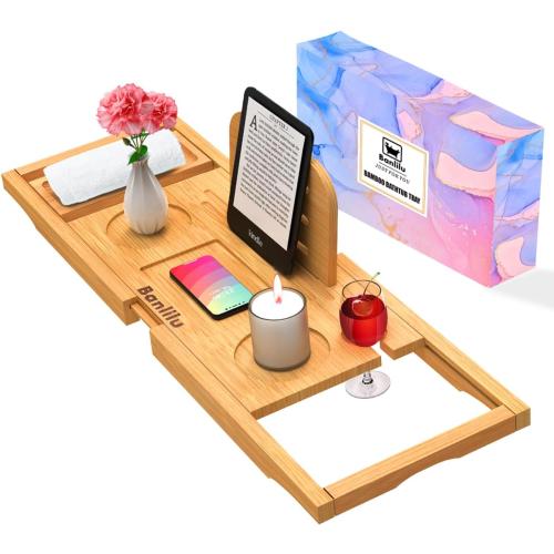 Premium Bamboo Bathtub Tray Caddy - Bath Tub Tray Table for Bathtub - Bath Caddy Tray for Bathtub, Expandable Size, Fits Most Bath Tubs
